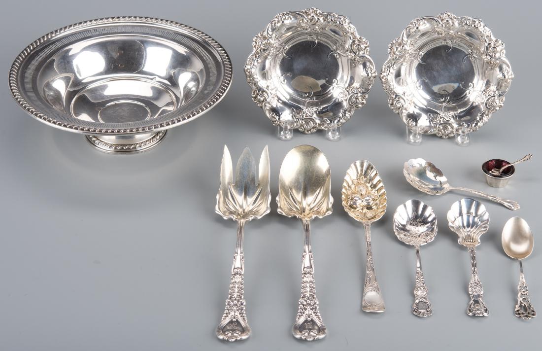 Assd. Sterling inc. Tiffany Broom Corn: 1st and 2nd item: Tiffany & Co. Sterling Silver Salad Serving Fork and Spoon Set in the "Broom Corn" pattern, with gilt washed ends, each 9 1/2"L. Combined weight 8.59 oz troy. 3rd item: Footed bowl w