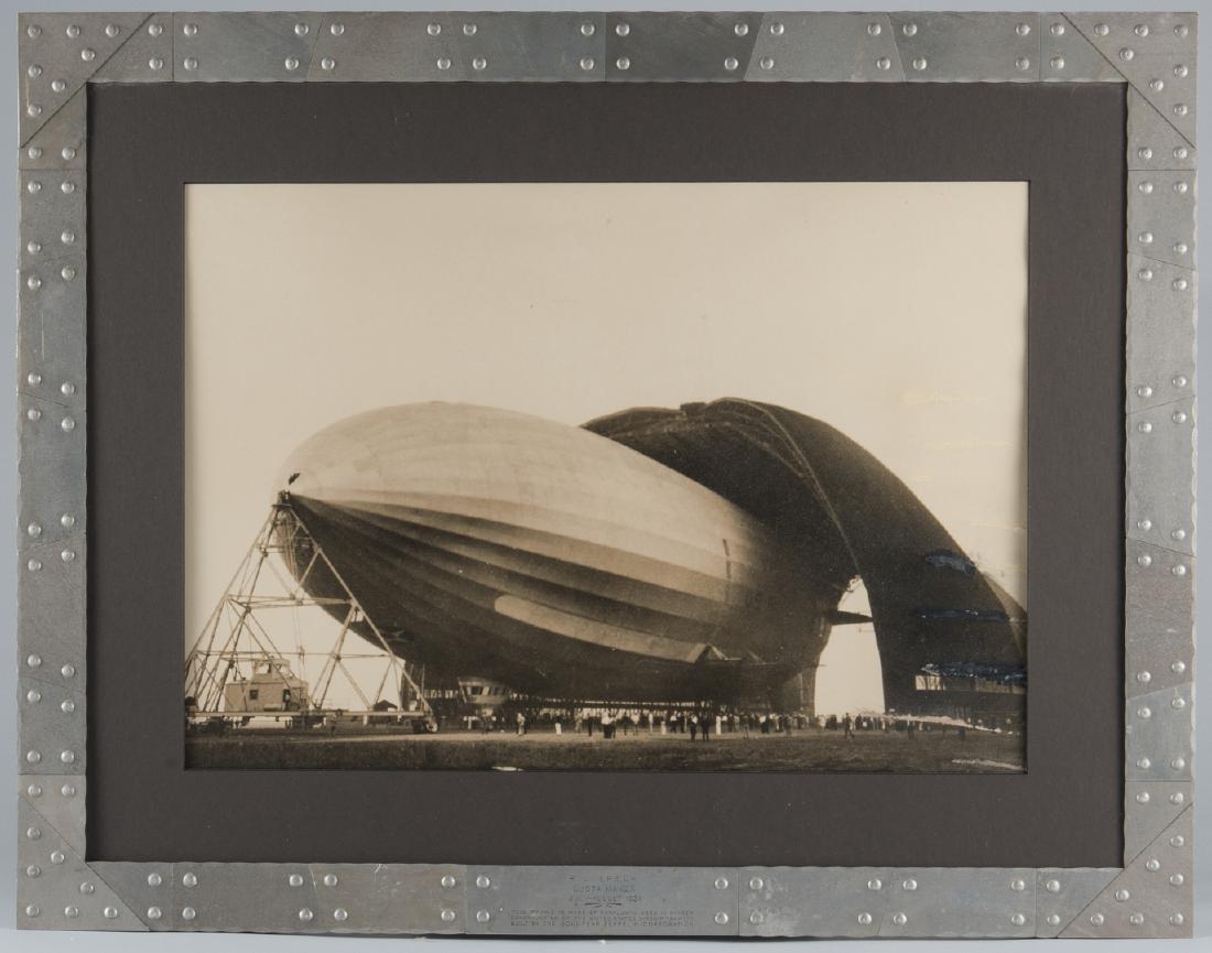 Margaret Bourke-White Zeppelin Photograph: Margaret Bourke-White (1904-1971) silver gelatin photograph of a Zeppelin, the United States Airship Akron, 1931, framed in the original duralumin frame. Original front panel engraved "F. D. Rupell /