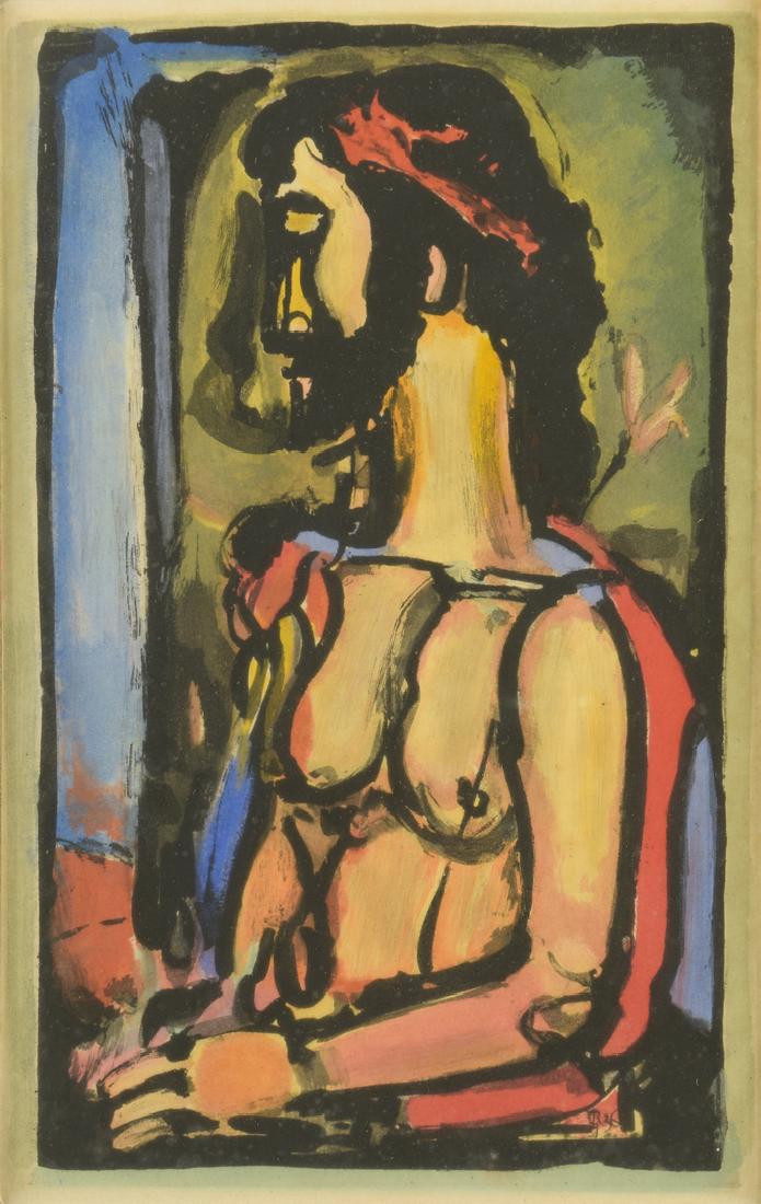 George Rouault Aquatint "Ecce Homo": George Rouault (France, 1871-1958) color aquatint titled "Ecce Homo" from the Passion series. Signed with monogram and numbered GR 36 in plate, lower right. Housed in a wooden frame. Sight - 12 3/4" H