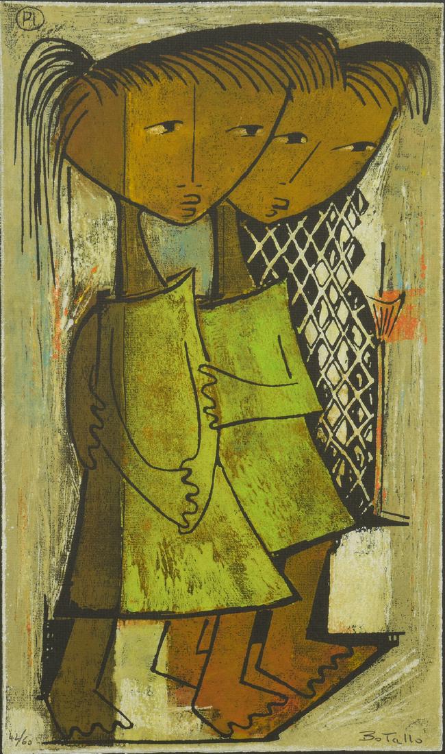 Angel Botello Linocut, 2 Girls