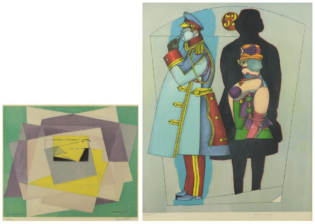 2 Modern Lithographs, Villon and Lindner: 1st item: Jacques Villon (France, 1875-1963; born Gaston Emile Duchamp) color lithograph titled "Papiers" depicting multicolored cubist shapes. "Henri Deschamps Lith." in the stone, lower left, signed