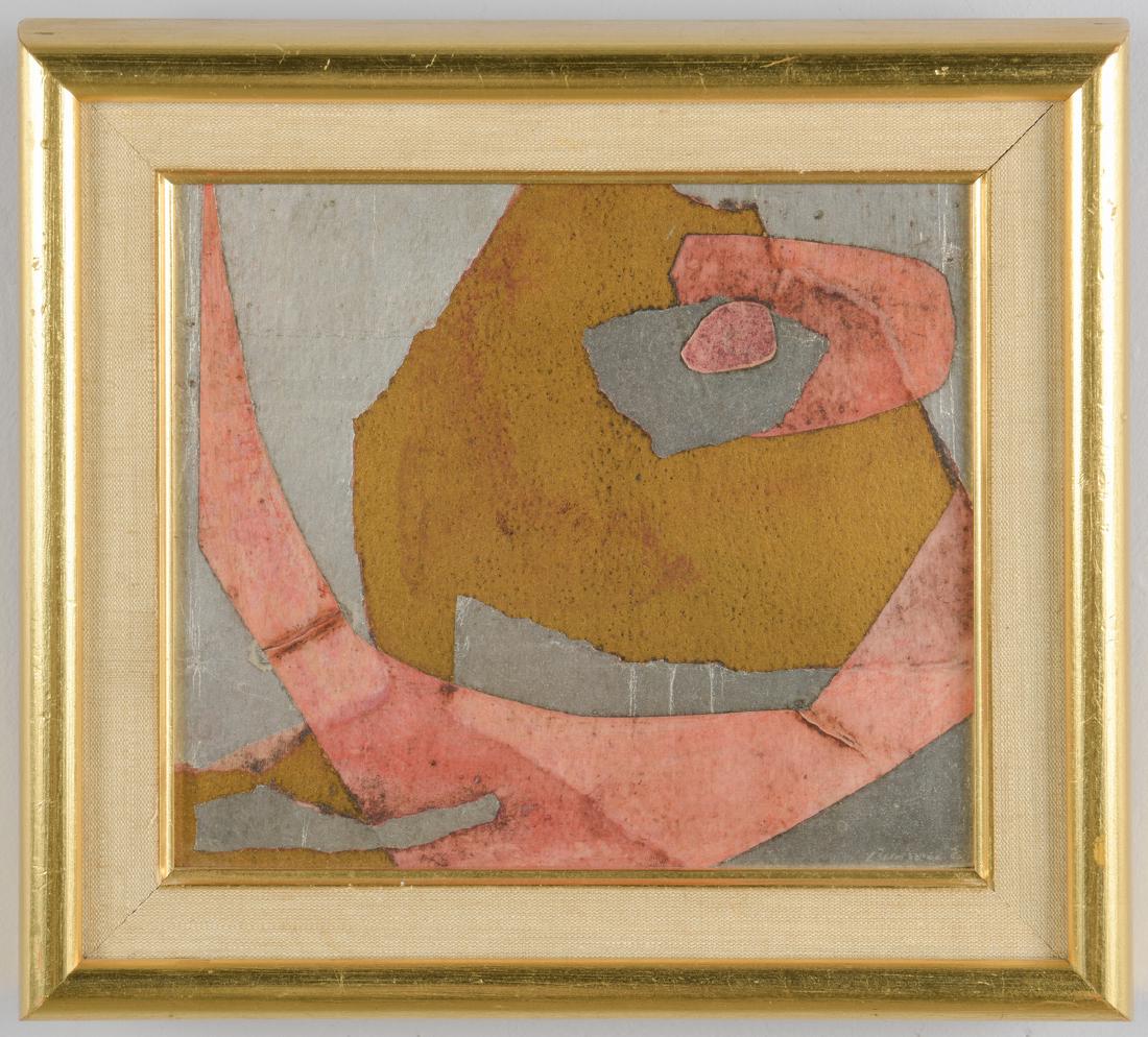 American Mixed Media Collage: American mixed media on board collage depicting abstract shapes in shades of silver, pink, and brown. Signed and dated "Burton '63", lower right. Signed en verso. Housed in a contemporary wooden frame