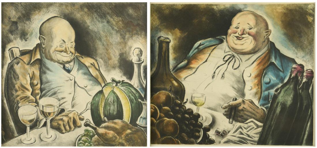 Pair Aquatints of a Gourmand: Pair of aquatint engravings depicting a bald, portly gourmand seated at table, enjoying a cigar and wine in one print, and plates of food and wine in the other. Unsigned, possibly after Alphonse-Leon 
