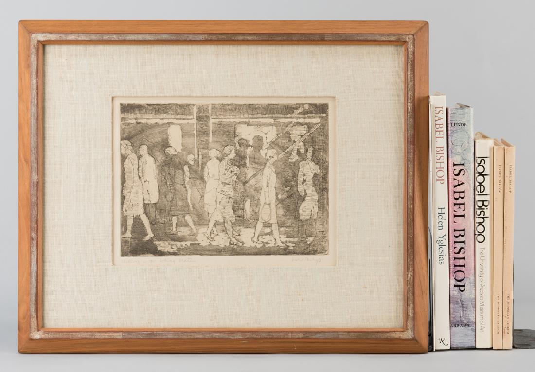Isabel Bishop Etching & Books: Isabel Bishop etching and group of related books. 1st item: Isabel Bishop (American, 1902-1988) etching titled "Walking In The Subway Station", circa 1963. Titled and signed in pencil, lower left and