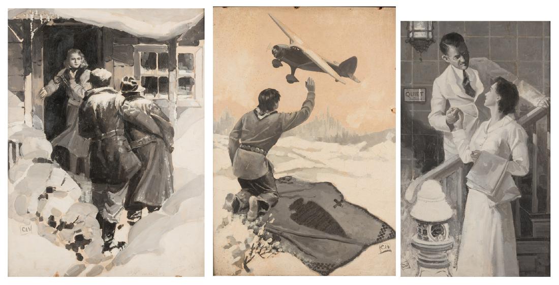 3 Charles Hargens Illustration Oils: 3 oil illustration paintings by Charles Hargens (American, 1893-1997). 1st item: Oil on Royal Crest Illustration board, illustration in black, ivory and gray of a Native American man on blanket waving