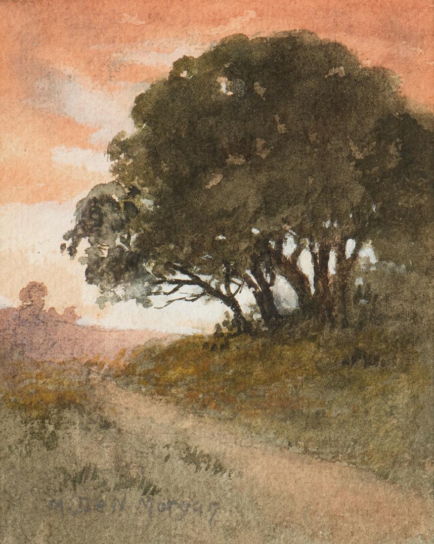 Mary DeNeale Morgan Watercolor: Mary DeNeale Morgan (California, 1868-1948) watercolor painting depicting a wooded road at sunset. Signed M De N Morgan lower left. William Karges Fine Art and Morcom's House of Beautiful Things Oakla