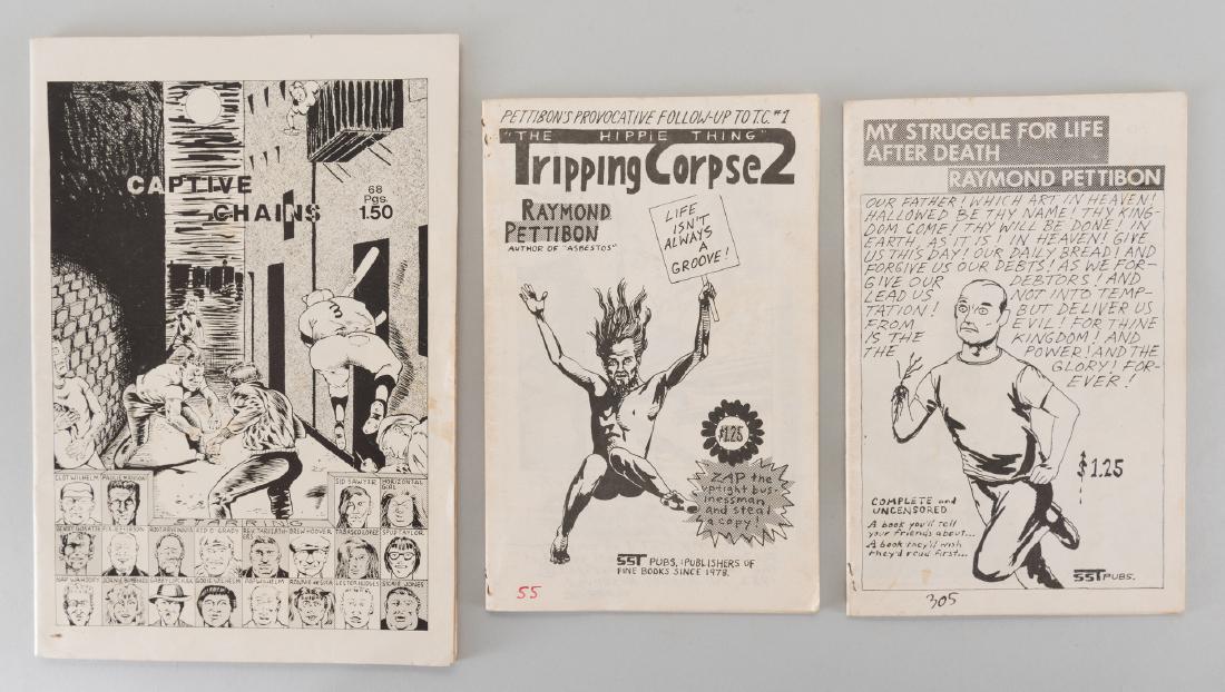 3 Raymond Pettibon Artist Books: Three Raymond Pettibon ‘zines. Item 1: CAPTIVE CHAINS. Lawndale, CA: SST Pubs, (1978). First Edition assumed. “68 PGS. 1.50”. 10 1/2" H X 7 1/4" W. Stapled comic with a slick paper wrapper cover