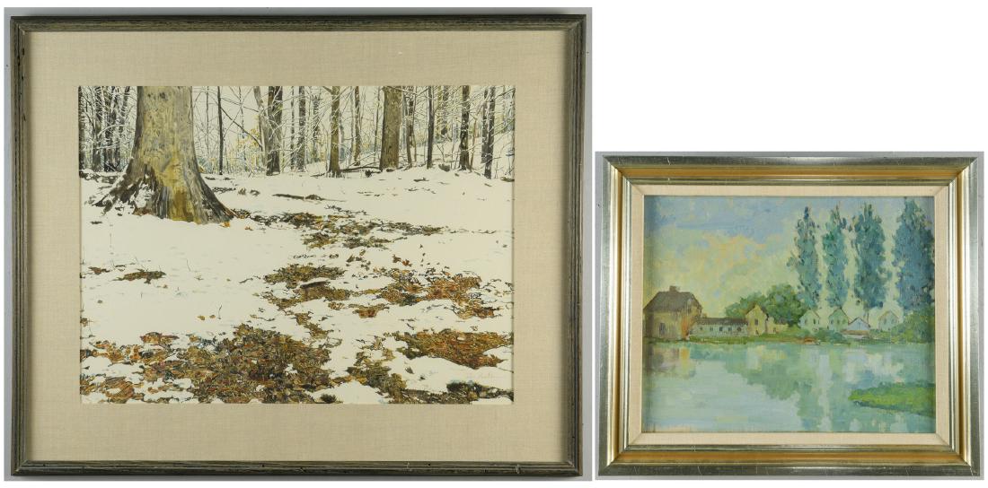 Two Landscapes inc. Dale Bratcher: 1st item: Dale Bratcher (Kentucky, 1932-2015) watercolor on paper titled "Winter Thaw", depicting a a winter landscape. Signed "Dale Bratcher" lower right. Two exhibition labels, one for "Watercolor U