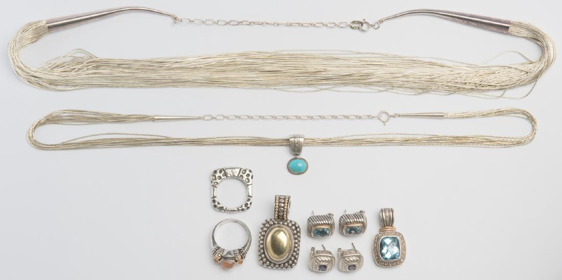 Sterling and Gold Designer Jewelry: Lagos 18K/925 Caviar enhancer (1 5/8" L x 1" W); Judith Ripka sterling and iolite pillow earrings with post/clip backs (1/2" sq.); Flli Menegatti Italian 18K/925 blue stone earrings with post/clip bac