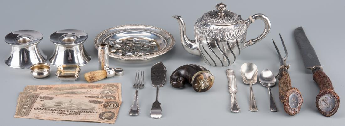 Group silver, horn and CSA currency: 1st item: German .800 silver teapot, Rococo style spiral fluted design with hinged dome lid and flat base, gooseneck handle, marked WTB .800, 5"H. 10.31 oz troy. 2nd item: Pair Gorham mid century mode