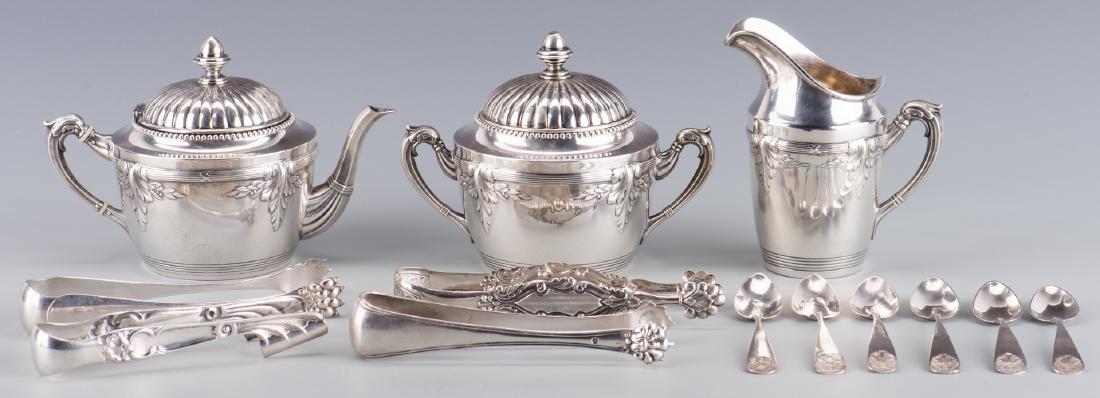 European Silver & Silverplate, 13 pcs: 1st-3rd items: 3 piece silver tea set including small teapot, lidded sugar and small pitcher, all in classical design, marks on bases of three for 880 silver and sugar and teapot also with marks for R