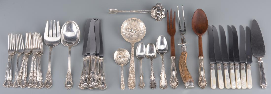 35 pc. Asst. Sterling Flatware: Assorted sterling silver flatware and serving pieces, 35 items, including Kirk Stieff Repousse 1828 pattern large berry/casserole spoon (9 1/4" L) and solid bon bon spoon; 6 dinner knives (9 3/4" L) a