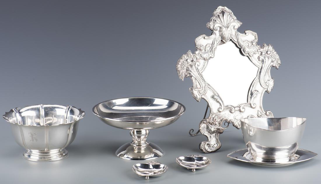 6 pcs Silver Hollowware inc. Mirror and Tiffany: 6 pcs 20th c. silver hollowware including Tiffany. 1st item: Sterling silver compote, Danish Modern style with round bowl and base, bulbous beaded pedestal. Marks for Quaker Silver Co. 8303. Minor scr