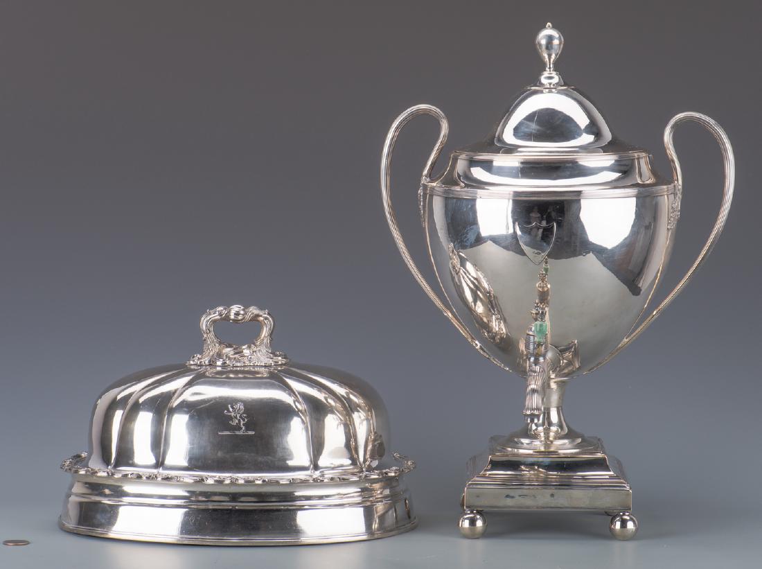 Old Sheffield Plate Tea Urn, Meat Dome: 1st item: Old Sheffield Plate Tea Urn, Neoclassical form with applied oak leaf decoration at handles and applied sterling shield for monogram (not monogrammed); reeded handles and spout, green-stained
