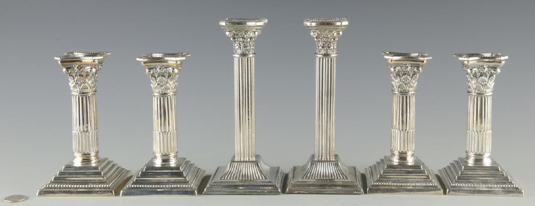 4 Maupin & Webb Silverplated Candlesticks plus 2 more: Group of six (6) silverplated candlesticks, all in a Corinthian Column design. Includes a set of four candlesticks by Maupin and Webb; plus one tall pair marked "Made in England" on the lower base edg