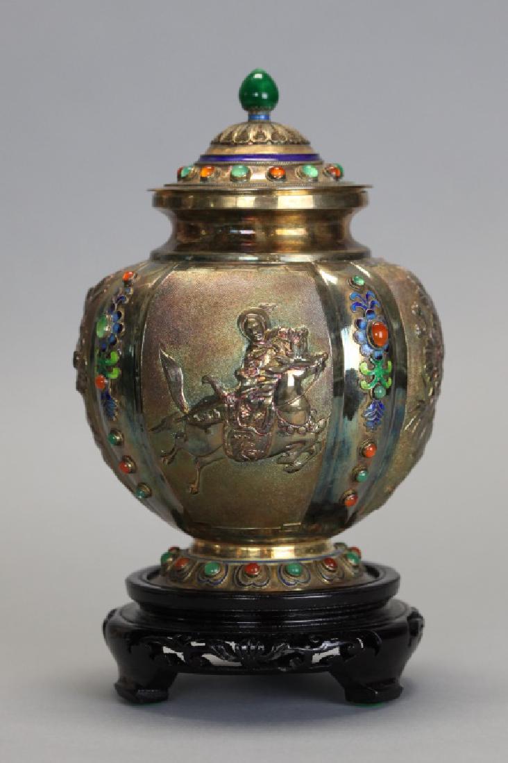 Chinese enamel decorated silver jar w/ cover (1 of 7)
