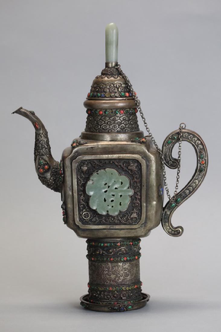 Chinese Mongolian silver ewer inlaid with jade (1 of 7)