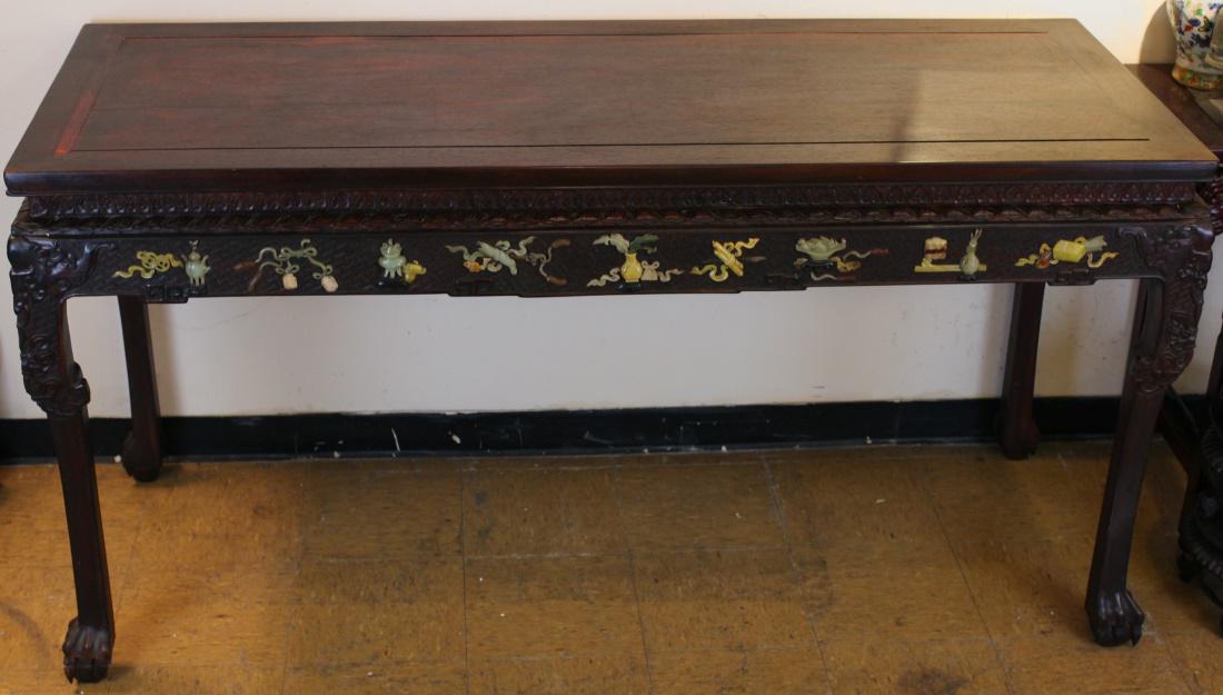 large Chinese hardwood table inlaid w/ jade/stone (1 of 4)
