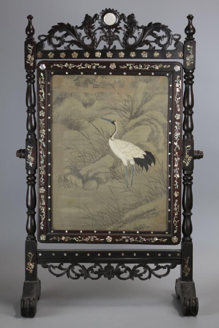 Chinese embroidered & painted table screen, 19th c. (1 of 5)