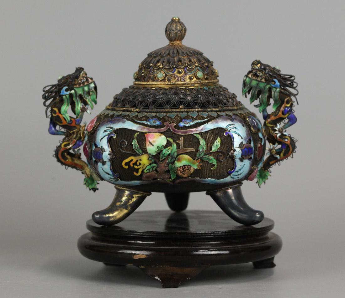 Chinese enamel decorated silver censer w/ cover (1 of 5)