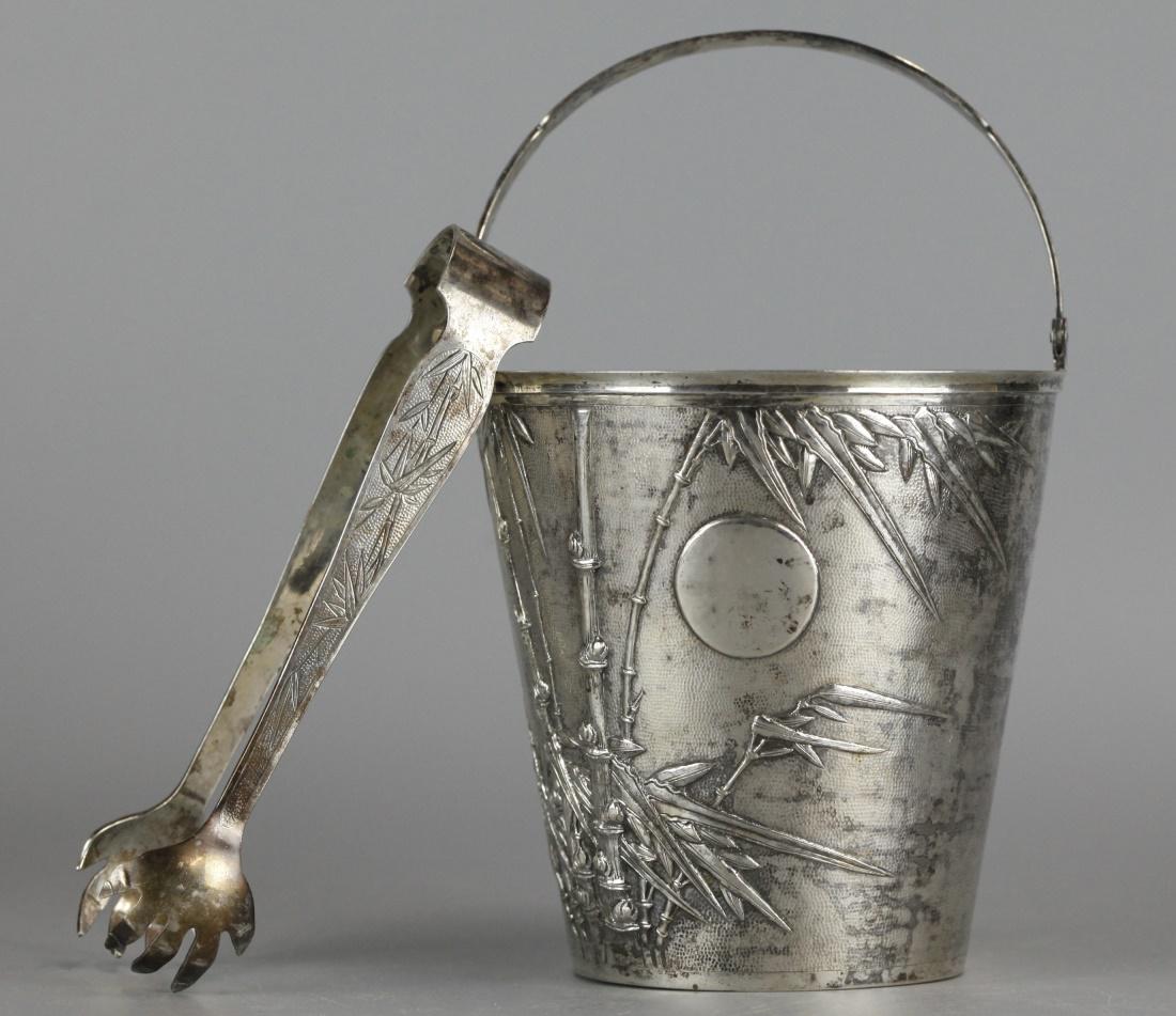 Chinese silver ice bucket w/ silver tongs (1 of 10)