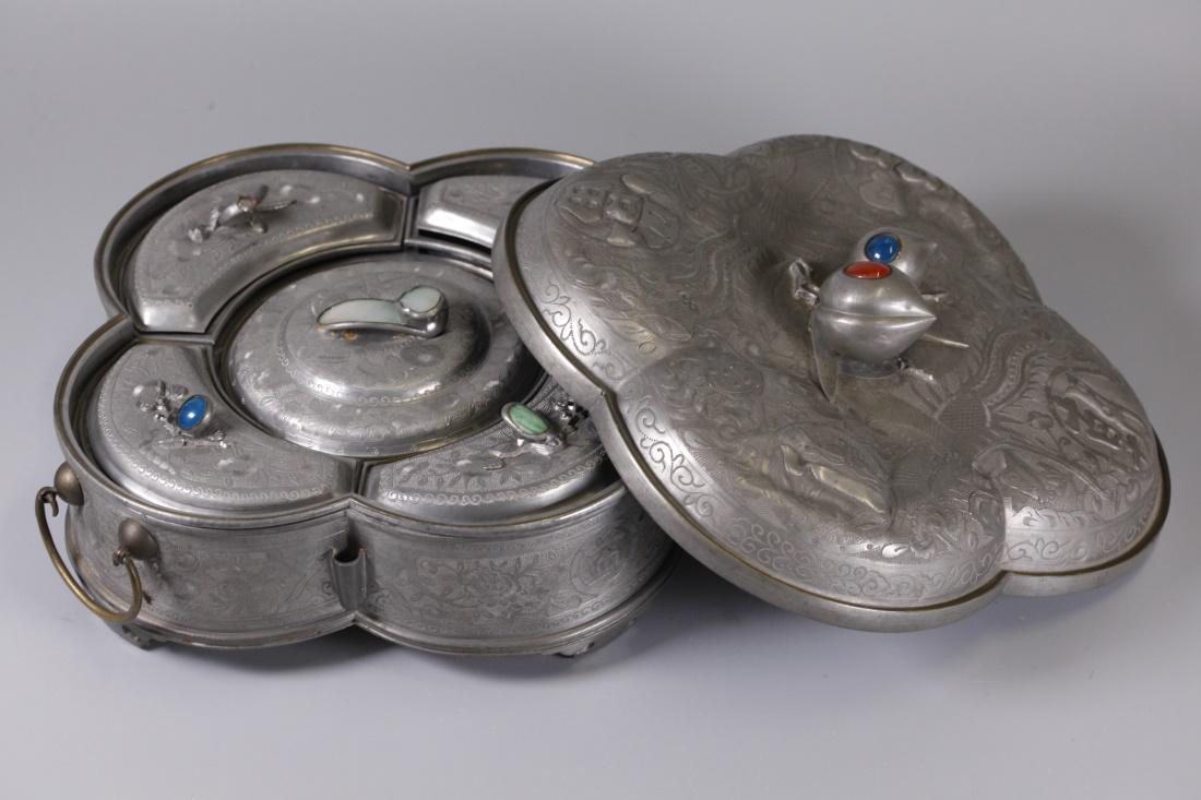 Chinese pewter fruit box w/ cover, possibly 19th c. (1 of 10)