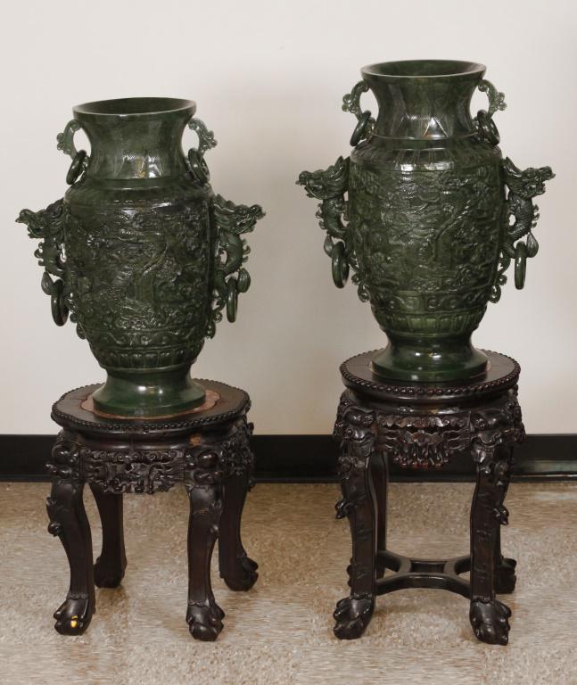 Pair Of Carved Chinese Spinach Jade Vases Dec 08 2019 Wr
