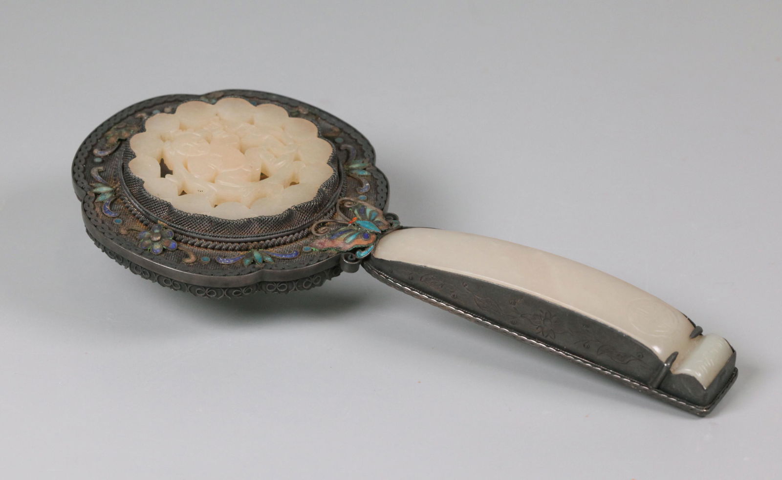 Chinese silver, enamel, jade mirror, possibly 19th c. (1 of 2)