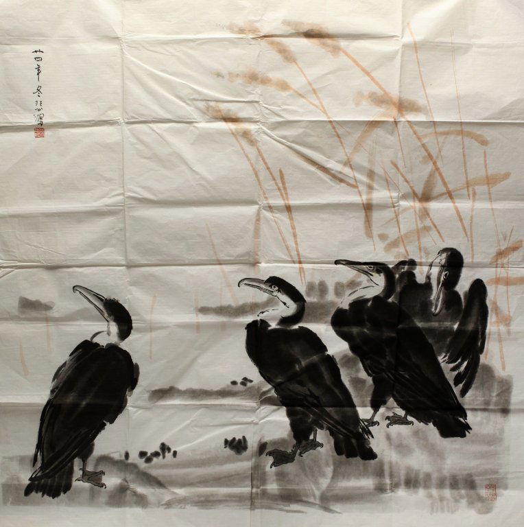 Chinese watercolor of a group of geese: ink and color on paper, hand painted, signed, red seal mark, attributed to xu bei hong(1895-1953), overall: 45.67in(H) x 44.09in(L); We do not guarantee the authenticity of the artist. Notice to bidde