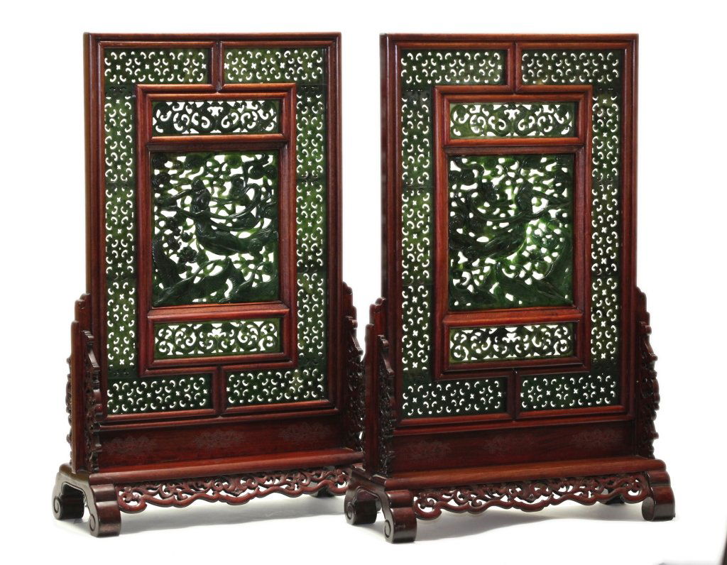 large pair of Chinese spinach jade table screens (1 of 6)