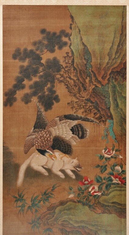 Chinese watercolor of eagle & badger in landscape: very large, watercolor on silk, 66.875in x 34.875in (painting); Notice to bidders: Measurements and weights are approximate. Condition reports and additional photographs are provided upon request. Con