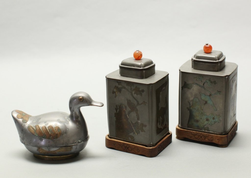 three Chinese pewter items w/ brass (1 of 5)