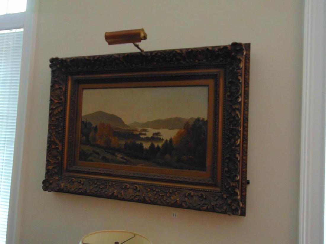 OIL ON CANVAS- DAVID JOHNSON: Description: DAVID JOHNSON- AMERICAN. NEW YORK. (1827-1908). HUDSON RIVER SC HOOL LANDSCAPE OF ISLANDS IN A LAKE. INSC RIBED ON THE REVERSE; LAKE GEORGE/FROM DRESDEN/DAVID JOHNSON 1871. OIL ON CANVAS.