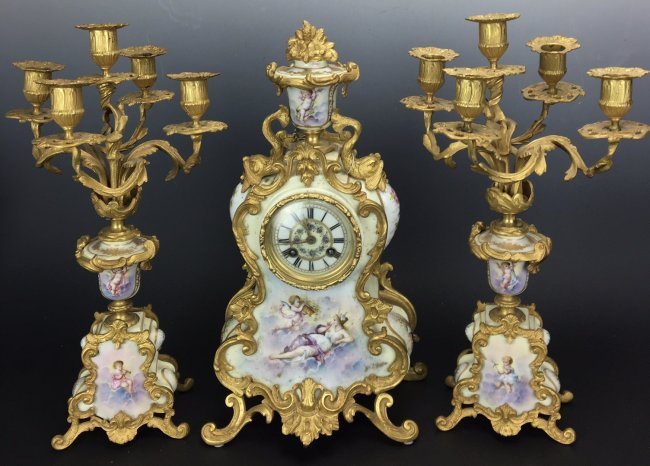 A 19TH CENTURY ORMOLU MOUNTED SEVRES CLOCK SET (1 of 1)