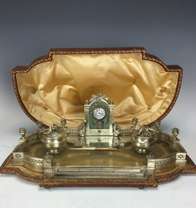 FRENCH  SILVER ENAMEL & CRYSTAL ENCRIER WITH CLOCK (1 of 3)