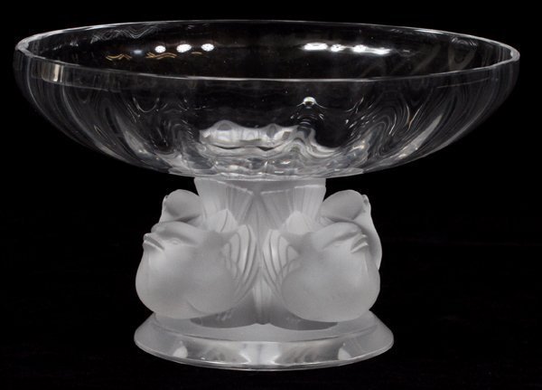 LALIQUE CLEAR & FROSTED GLASS COMPOTE: 5.5" Diameter. In excellent condition. Estimate $300-500