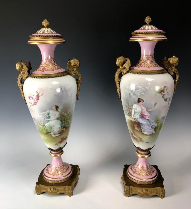 A LARGE PAIR OF ORMOLU MOUNTED SEVRES PORCELAIN VASES (1 of 5)