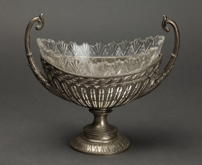 CONTINENTAL SILVER AND CUT CRYSTAL BONBONIER: 10" L. Excellent condition. Estimate $800-1.000