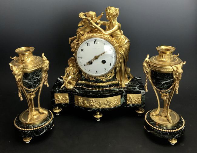 19TH C. TIFFANY & CO DORE BRONZE AND MARBLE CLOCK SET (1 of 5)