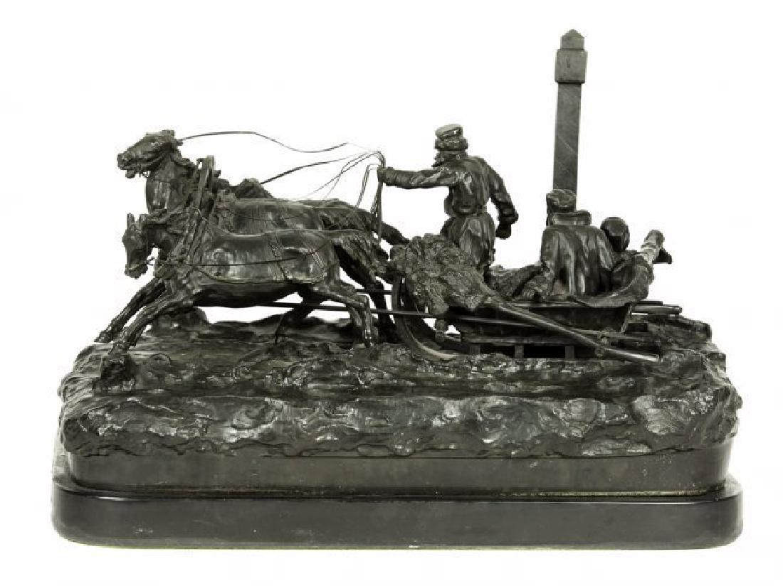 RUSSIAN BRONZE AFTER VASILY GRACHEV: Russian Bronze figural group of Winter Troika. The troika driver leading the horses through the snowy landscape, with his occupants, â€œWinter Troikaâ€, signed in Cyrillic 'Grachev' on base, in