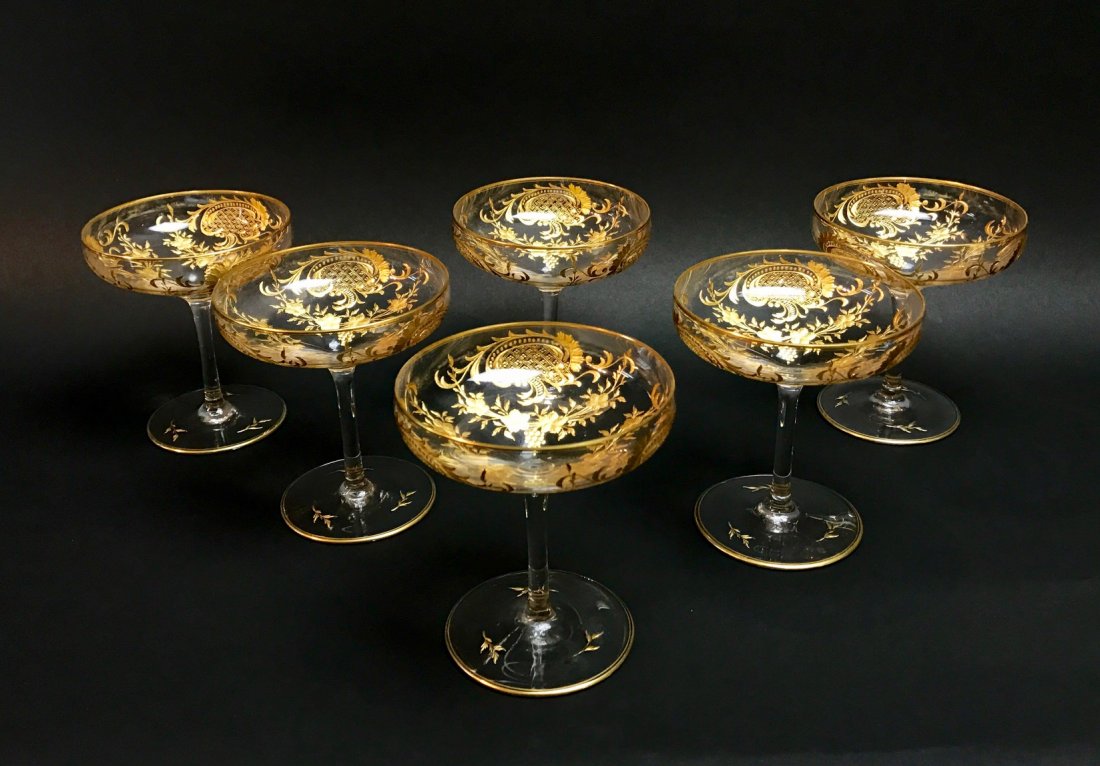 6 GILT MOSER CHAMPAGNE GLASSES CIRCA 1900 (1 of 3)
