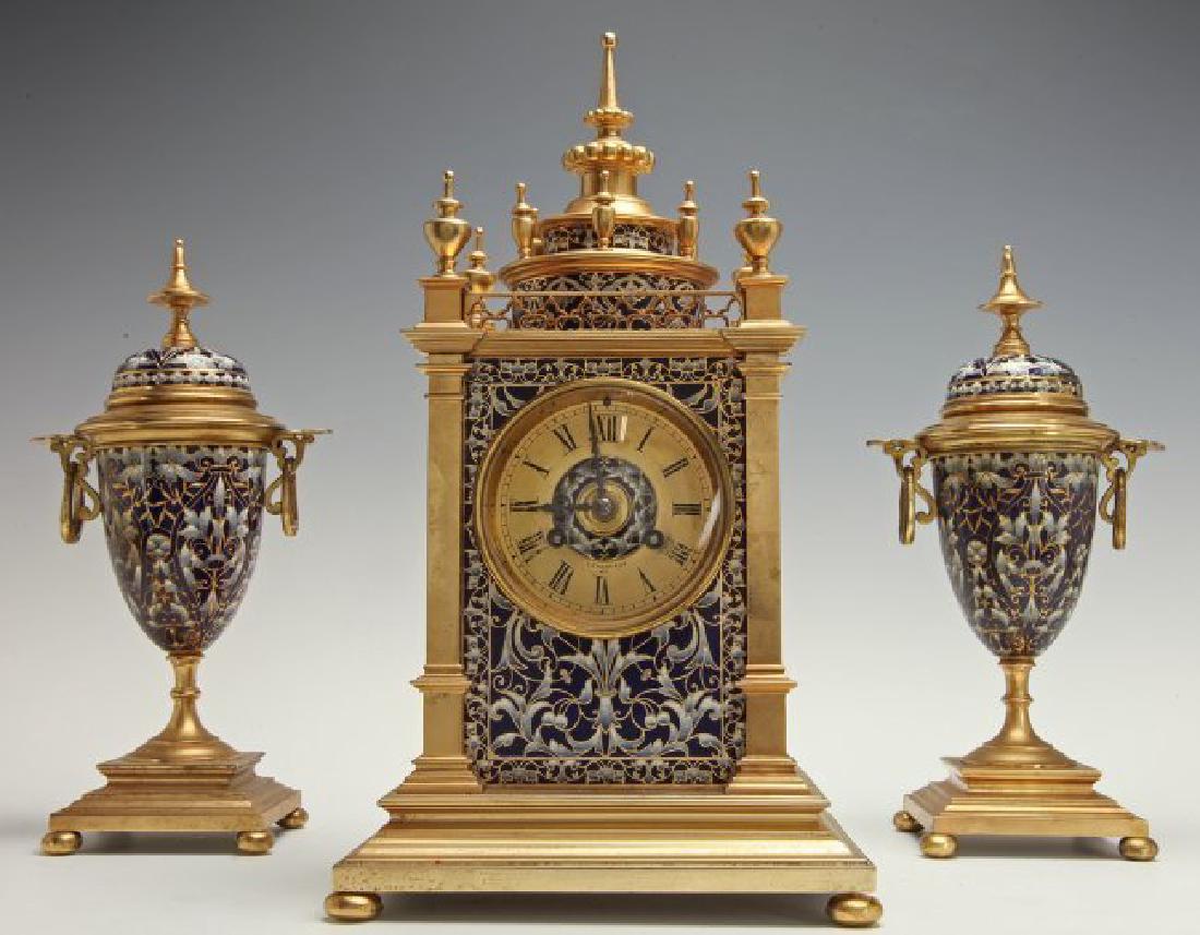 A 19TH CENTURY TIFFANY CHAMPLEVE ENAMEL CLOCK SET (1 of 3)