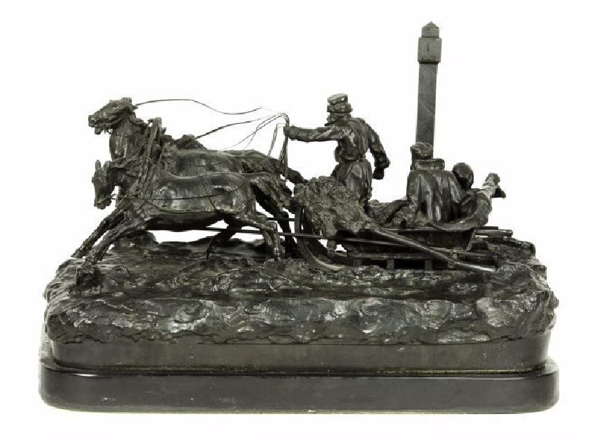 RUSSIAN BRONZE AFTER VASILY GRACHEV: Russian Bronze figural group of Winter Troika. The troika driver leading the horses through the snowy landscape, with his occupants, â€œWinter Troikaâ€, signed in Cyrillic 'Grachev' on base, in