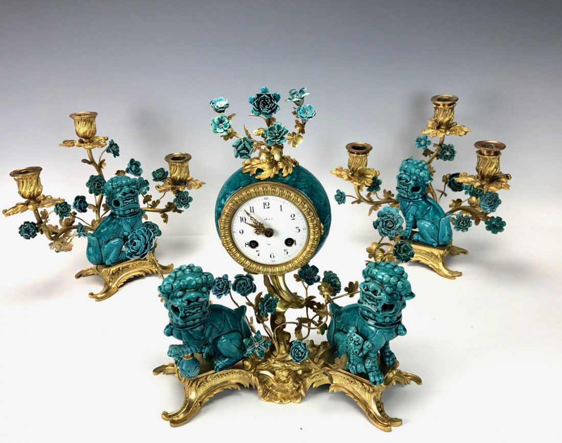 19TH C. CHINESE PORCELAIN AND DORE BRONZE CLOCK SET (1 of 5)