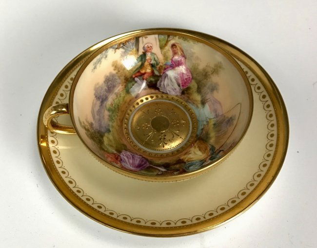 A LAMB DRESDEN INTERIOR PAINTED CUP AND SAUCER (1 of 3)