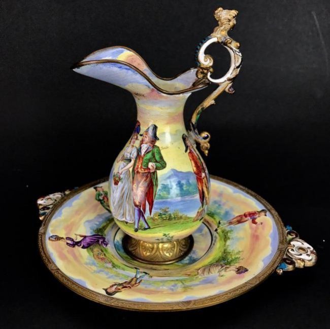 19TH C. VIENNESE ENAMEL EWER AND PLATE (1 of 2)