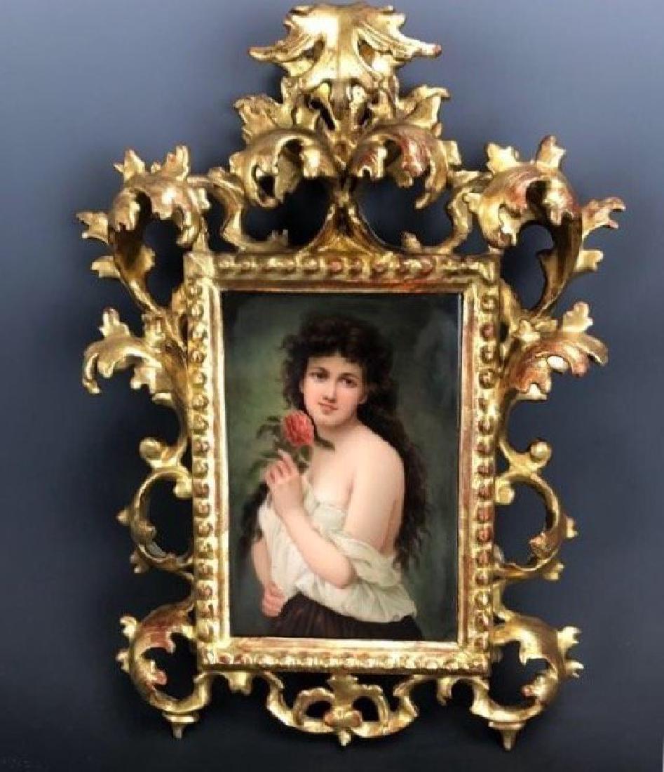 19TH C. KPM STYLE PORCEAIN PLAQUE WITH GILTWWOD FRAME: Porcelain plaque measures 6" x 4". Excellent condition. Estimate $1.200-1.500
