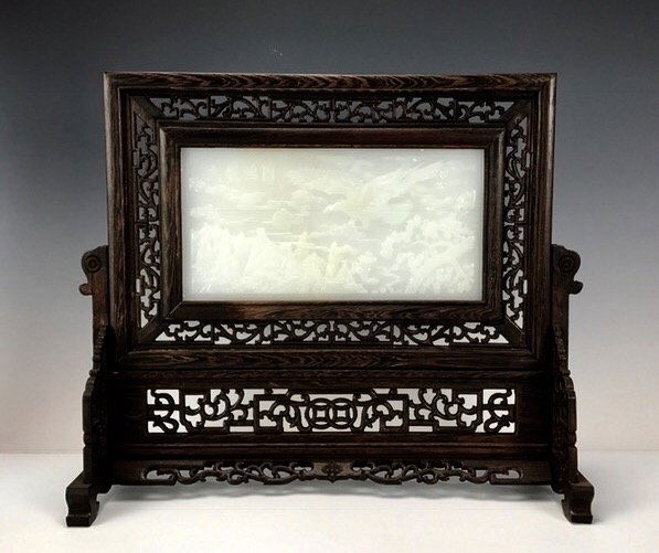 CHINESE WHITE JADE AND CARVED WOOD TABLE SCREEN (1 of 2)