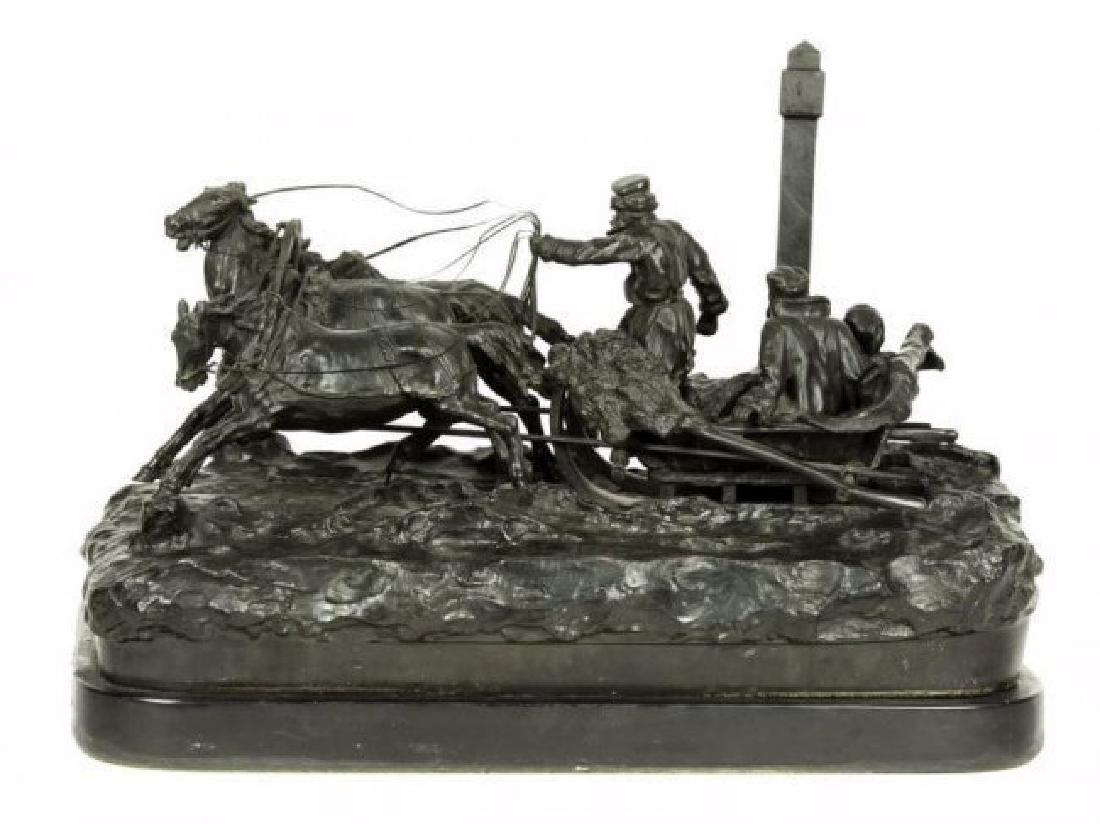 RUSSIAN BRONZE AFTER VASILY GRACHEV: Russian Bronze figural group of Winter Troika. The troika driver leading the horses through the snowy landscape, with his occupants, Ã¢â‚¬Å“Winter TroikaÃ¢â‚¬, signed in Cyrillic 'Grach