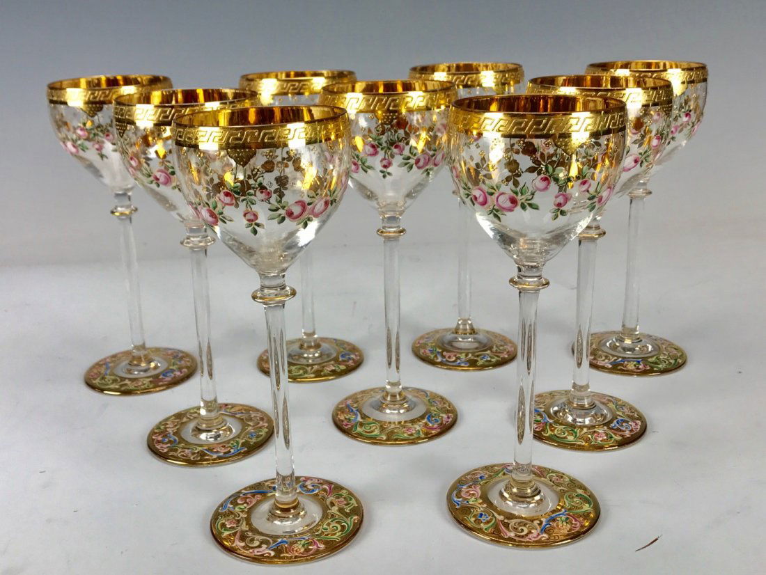 SET OF 9 ENAMELLED MOSER WINE GLASSES: Circa 1900. Measuring 9" High. All in excellent condition. Estimate $1.500-2.000